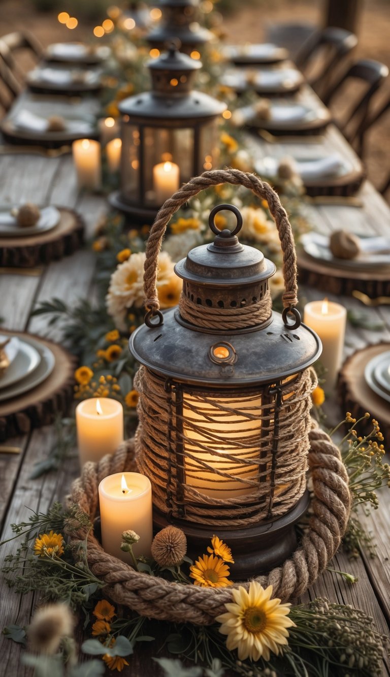 A full view of a rustic table set with rope lanterns, candles, and floral arrangements under natural light.