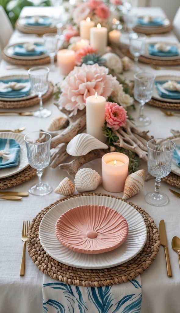 A dining table is set with woven placemats, white plates with pink shell-shaped napkins, candles, glassware, seashells, and floral centerpieces in soft pink and white tones.