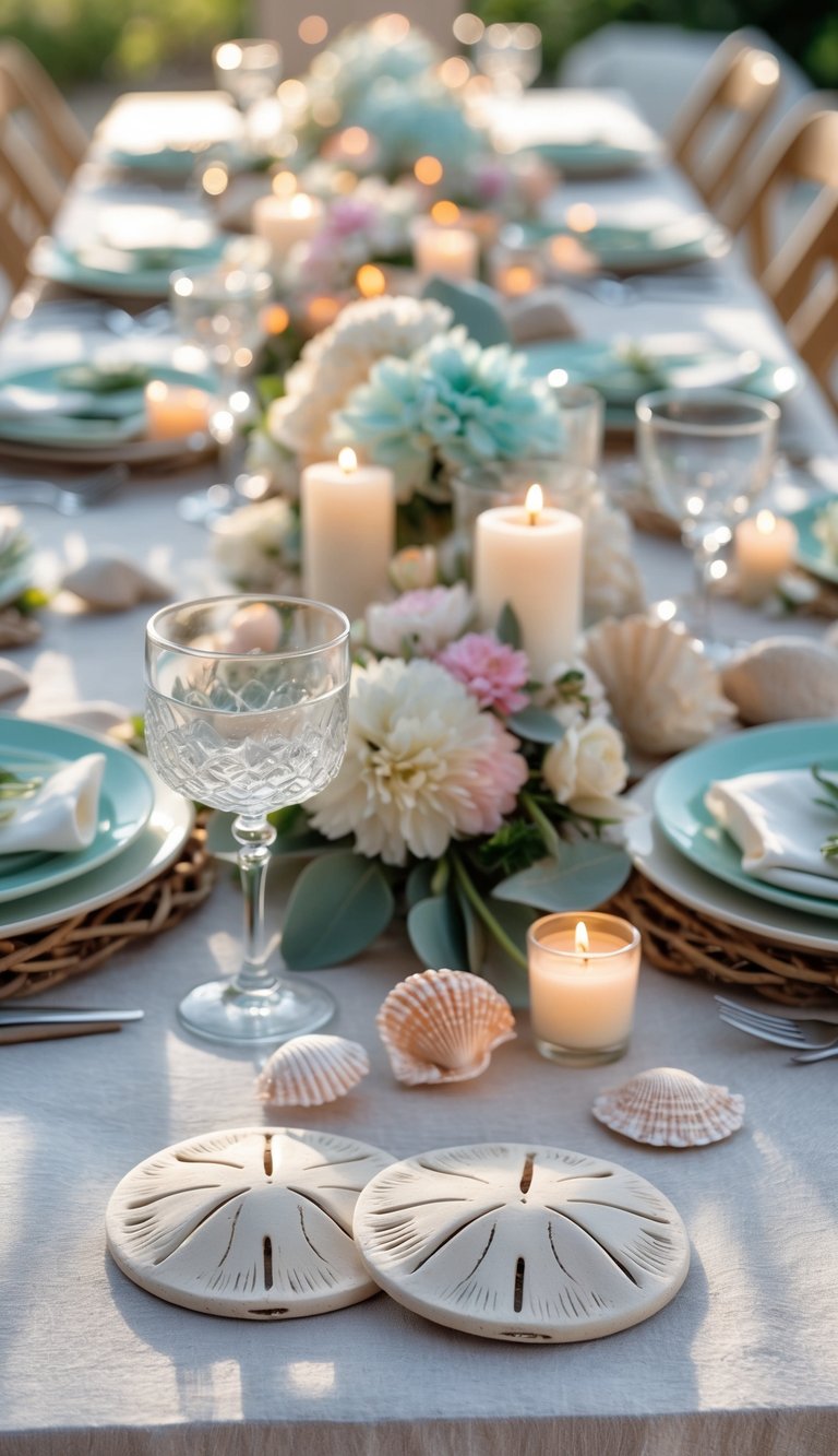 A full view of a beach-themed table set outdoors with sand dollar coasters, candles, and floral centerpieces.