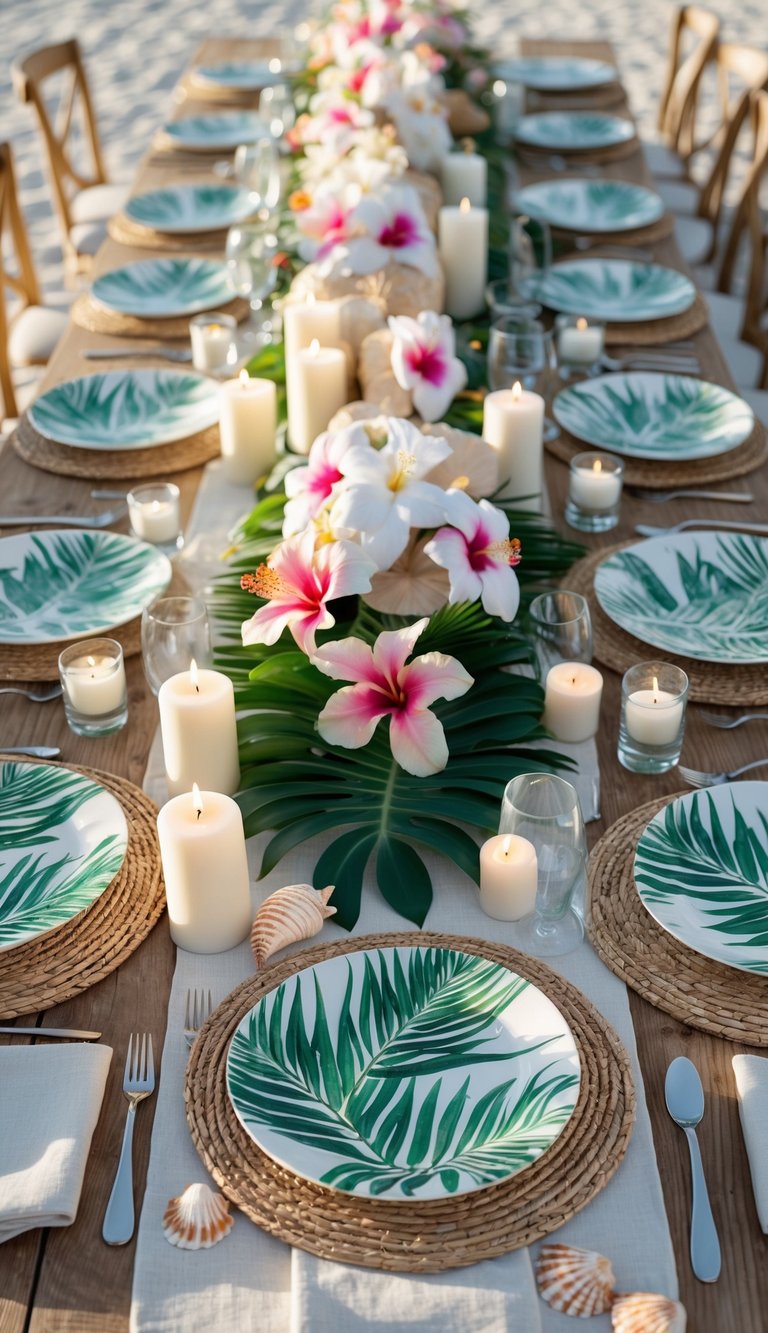 A beach-themed dining table set with palm leaf printed plates, tropical flowers, candles, and natural light.