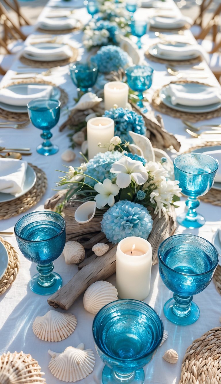 A full view of a beach-themed tablescape with ocean blue glass water goblets, white candles, blue and white flowers, seashell centerpieces, and natural lighting on a white linen table.