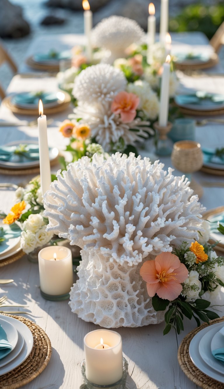 A beach-themed table set with a white coral centerpiece, candles, and flowers, illuminated by natural light.