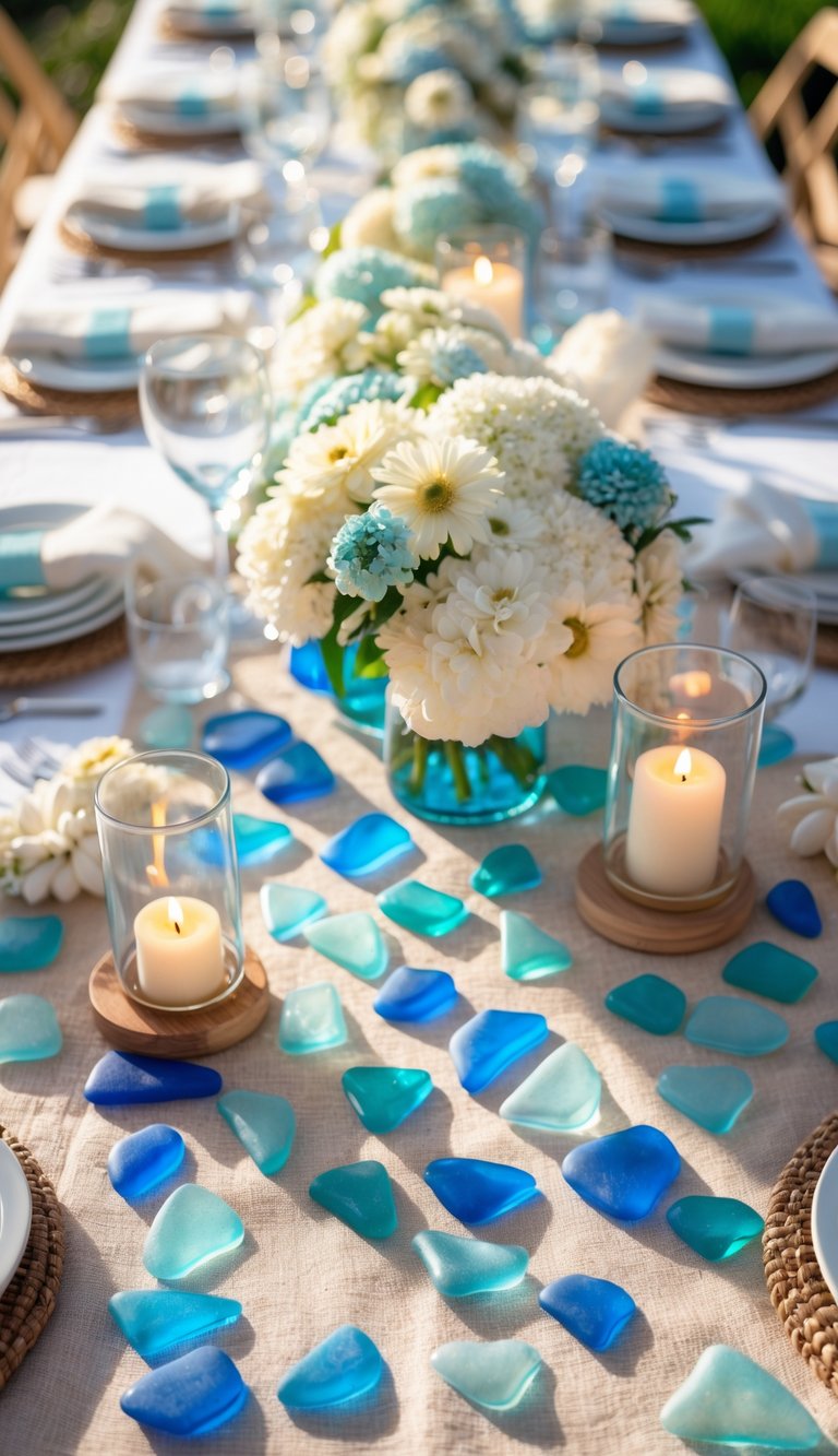 A beach-themed table decorated with scattered colorful beach glass, floral centerpieces, and candles, all arranged on a natural linen tablecloth.