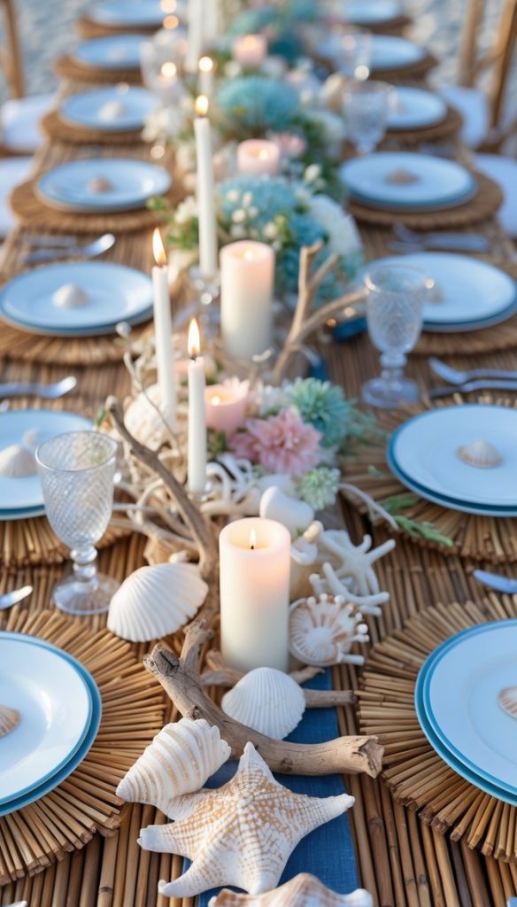 A long table set with white plates, glassware, and candles, decorated with seashells, coral, and driftwood, creating a coastal-themed dining arrangement.