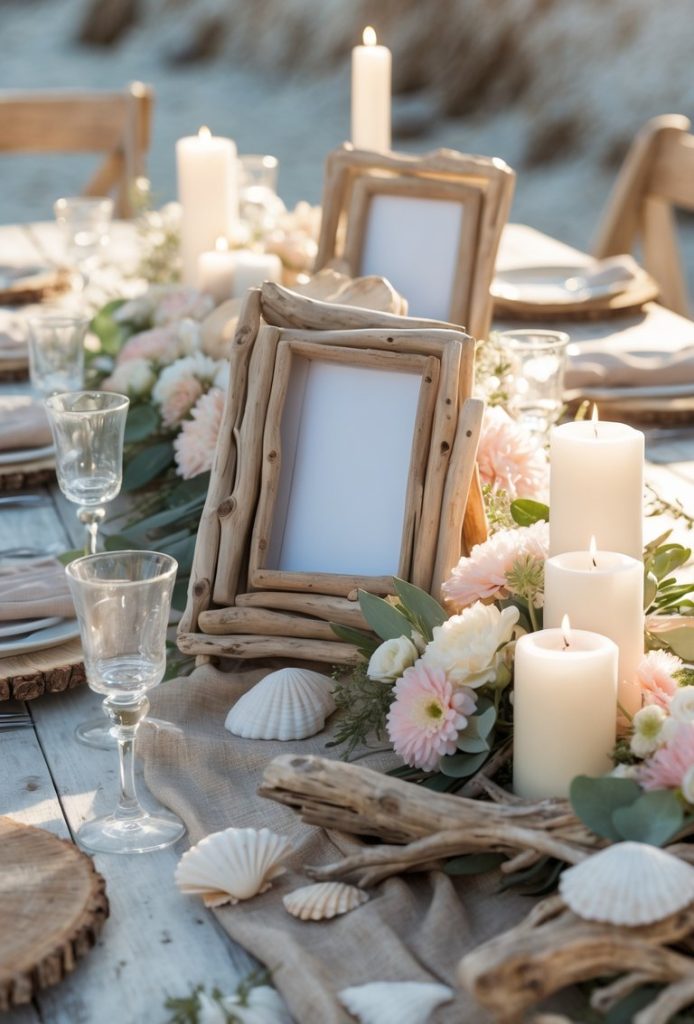 A rustic beach-themed table setting featuring driftwood photo frames, white candles, flowers, seashells, and glassware on a wooden table.