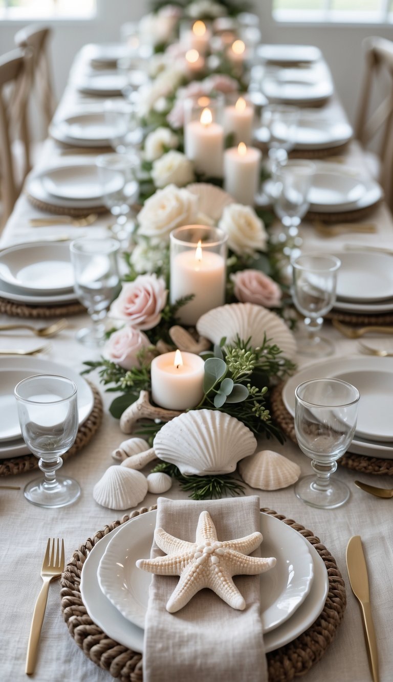 A beautifully arranged beach-themed table with ceramic salt cellars, floral centerpieces, candles, and place settings in natural daylight.