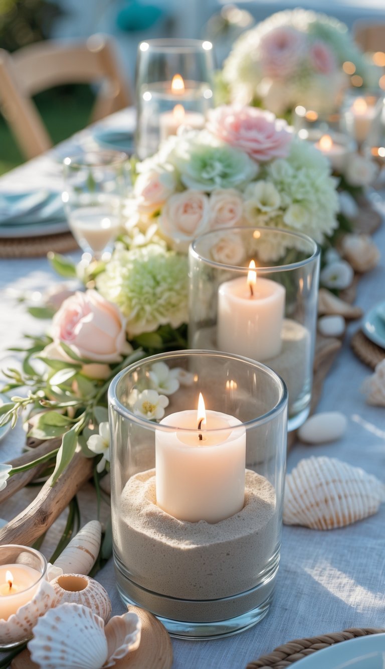 A beach-themed tablescape with sand-filled glass candle holders, candles, florals, seashells, and driftwood arranged on a table outdoors.