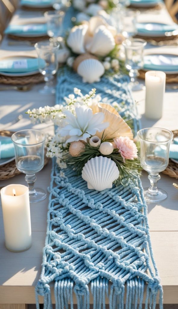 A table set for a meal features a blue macrame runner, seashell and flower centerpieces, white candles, and place settings with blue napkins on wicker chargers.
