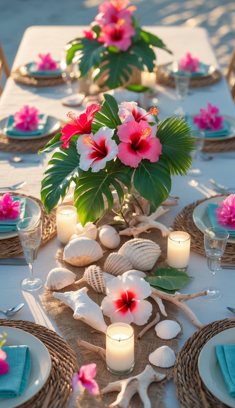 A full view of a beach-themed table set with a tropical hibiscus floral centerpiece, candles, and elegant tableware under natural light.