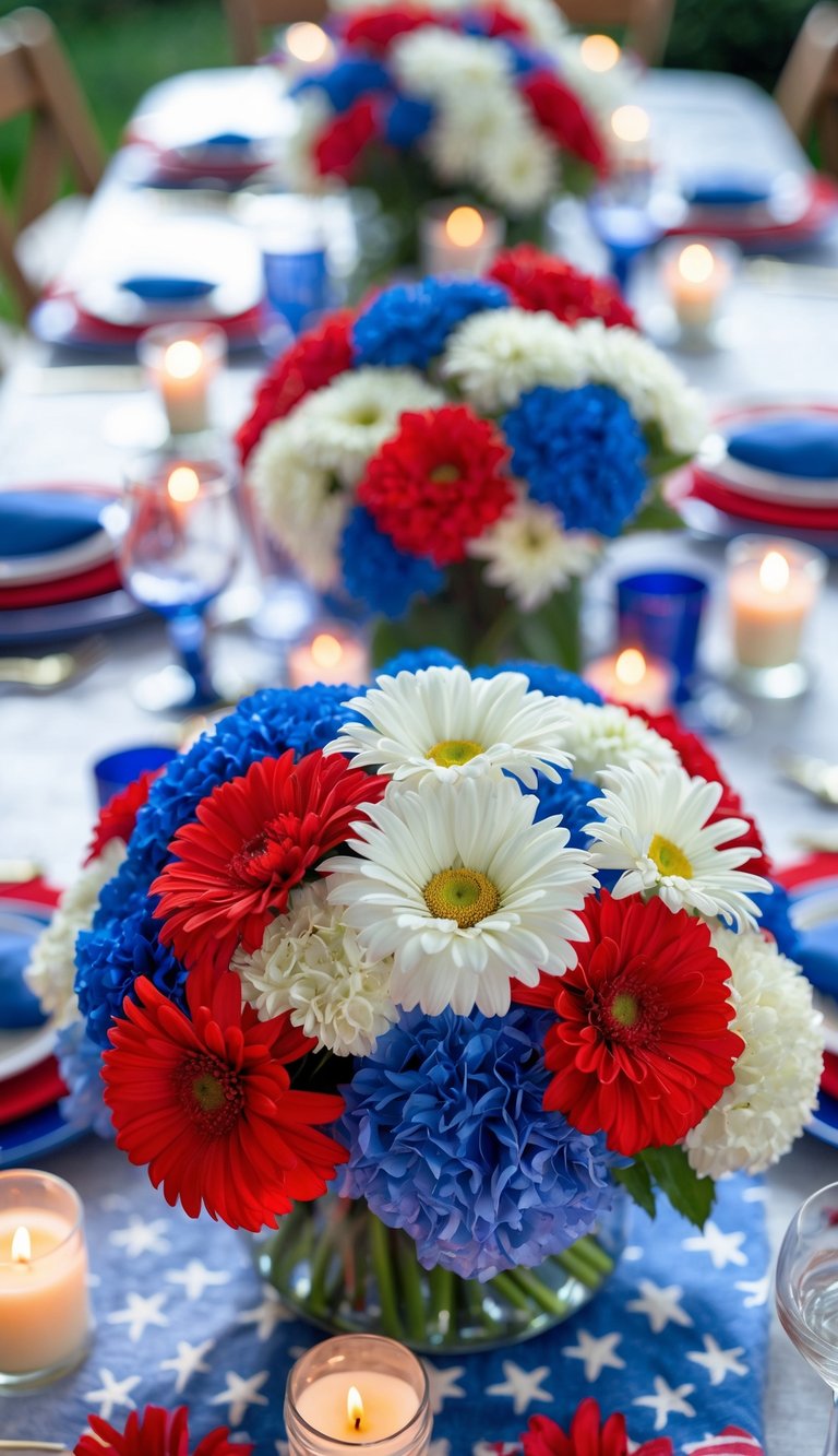 A dining table set for a Fourth of July celebration with red, white, and blue floral centerpieces, candles, and tableware arranged neatly.