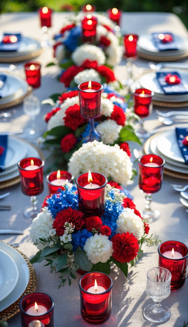 A full view of a Fourth of July table set with red glass votive candles, red, white, and blue floral centerpieces, plates, silverware, and glassware under natural light.