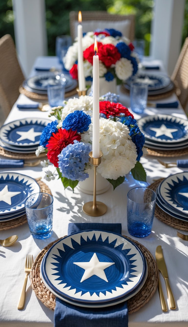 A table set for a Fourth of July celebration with blue ceramic plates featuring white stars, surrounded by floral centerpieces and white candles.