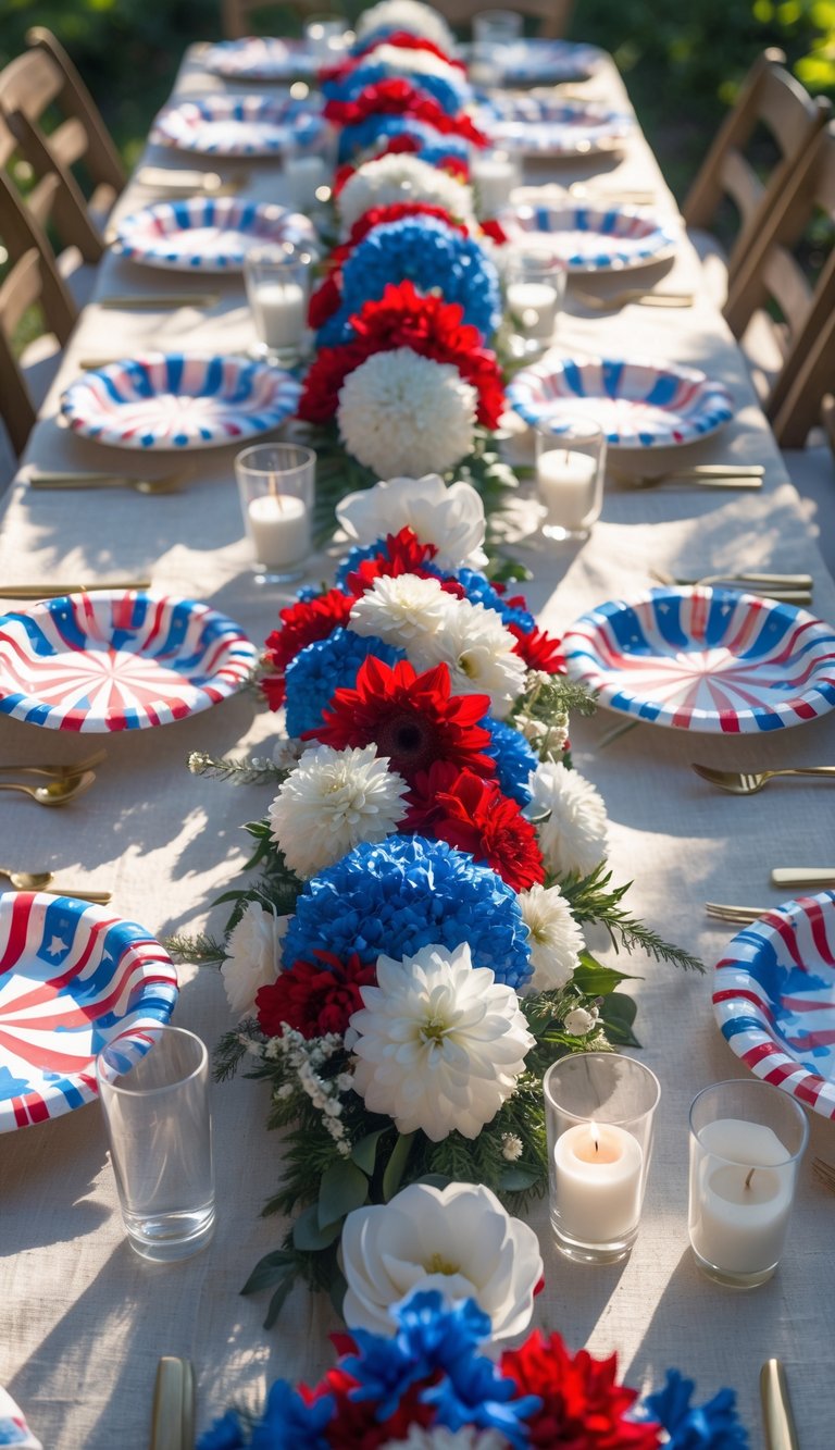 A Fourth of July table set with star-printed disposable plates and cups, floral centerpieces, and candles on a decorated table.