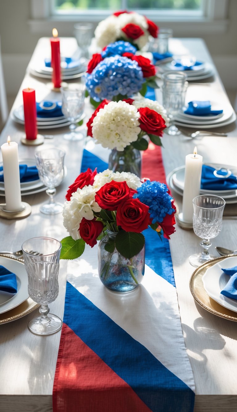 A table set for a July 4th celebration with a red, white, and blue linen runner, floral centerpieces, candles, plates, and glassware arranged neatly under natural light.