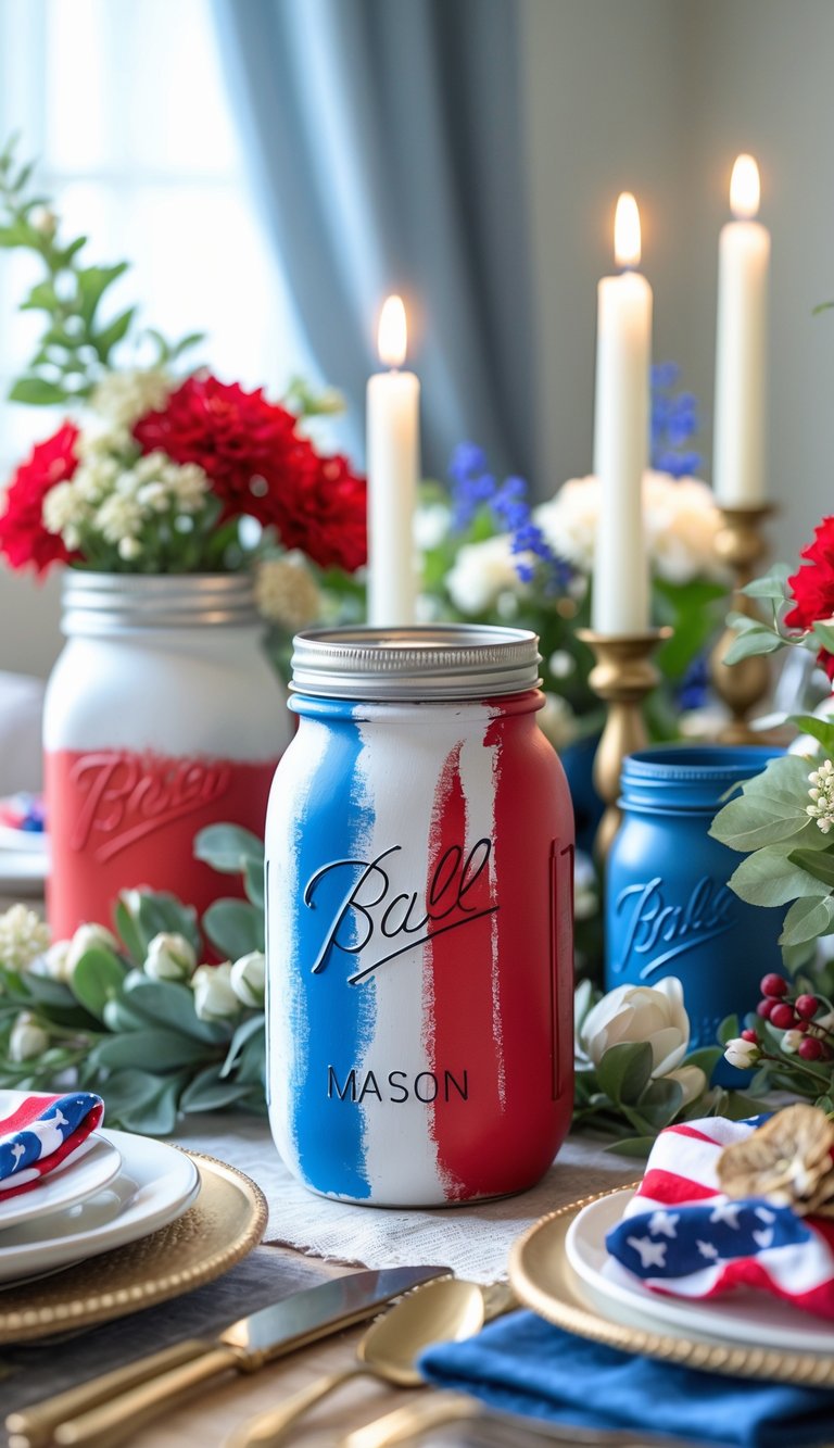 A festive Fourth of July table set with red, white, and blue spray-painted mason jars, candles, and floral centerpieces.
