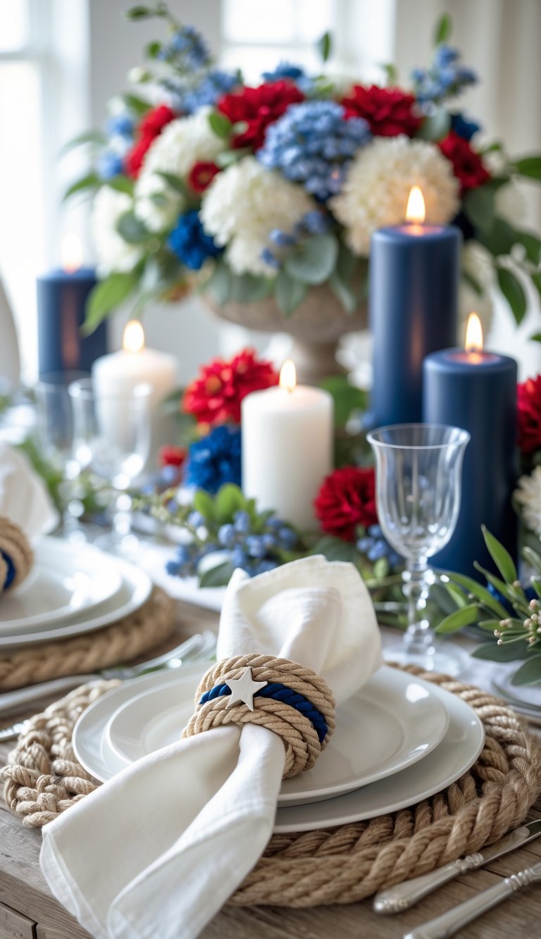 A Fourth of July table set with rope napkin rings featuring star charms, floral centerpieces, candles, plates, and glassware on a wooden table.
