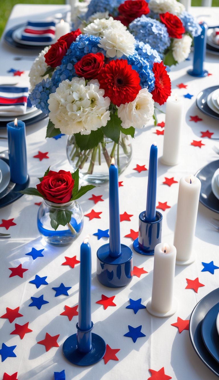 A fully set table decorated for July 4th with star-shaped confetti, floral centerpieces in red, white, and blue, and lit candles on a white tablecloth.