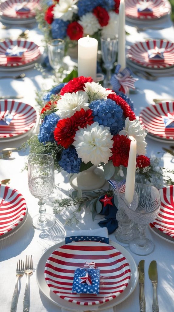 A table set for a meal with red, white, and blue striped plates, floral centerpieces, candles, and American patriotic decorations.