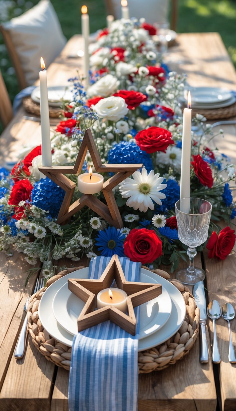 A wooden table set for a Fourth of July celebration with star-shaped candle holders, lit candles, red, white, and blue floral arrangements, plates, and glassware.