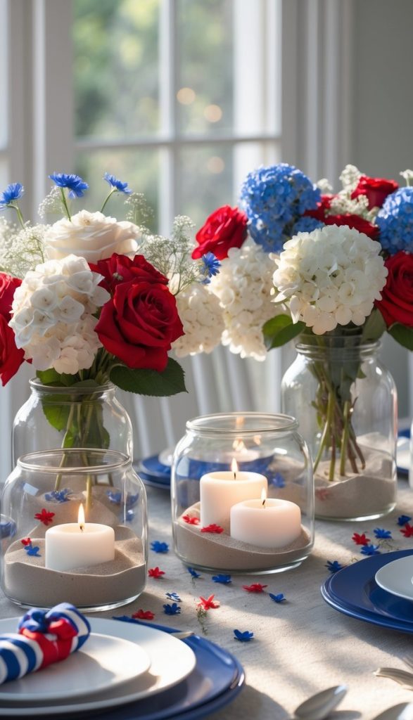 A table set with blue plates, white napkins, and silverware, decorated with red, white, and blue flowers in jars and lit candles, suggesting a patriotic or festive theme.
