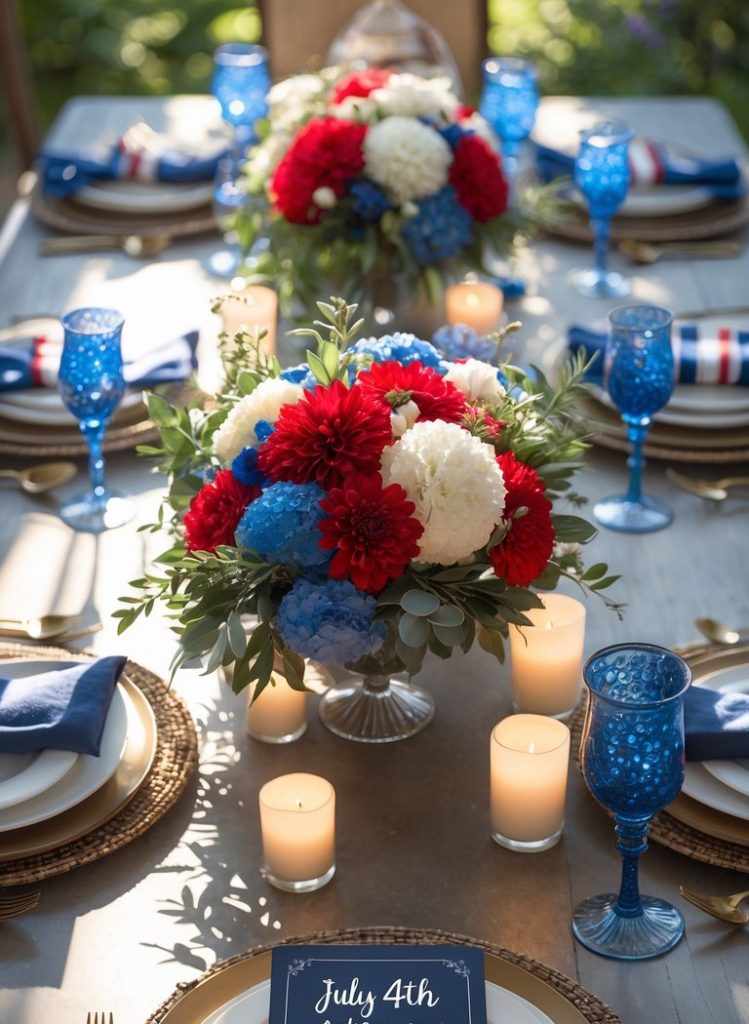 A table set for a July 4th celebration features red, white, and blue flowers, candles, blue glassware, woven placemats, and a menu card at each place setting.