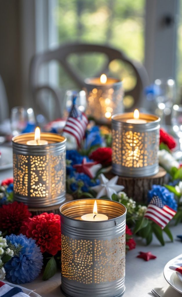 Three metal lanterns with lit candles are on a table decorated with red, white, and blue flowers and small American flags, suggesting a patriotic theme.
