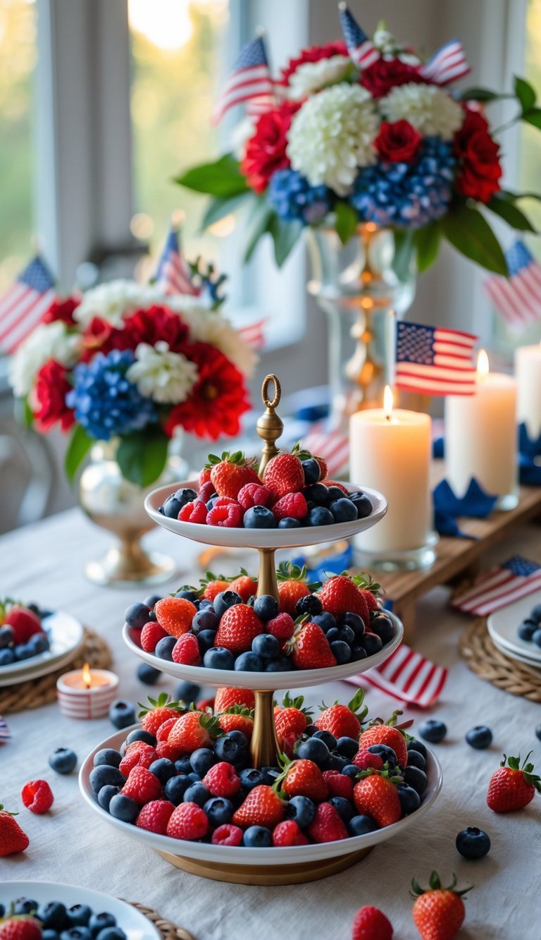 A full table view of a July 4th dessert display with a tiered tray of fresh berries, candles, floral centerpieces, and patriotic decorations.