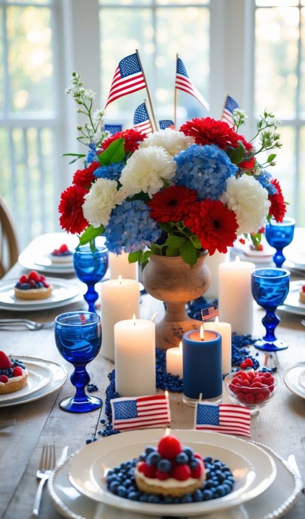 A table set for a patriotic celebration with red, white, and blue flowers, American flags, blue glassware, candles, and berry desserts.
