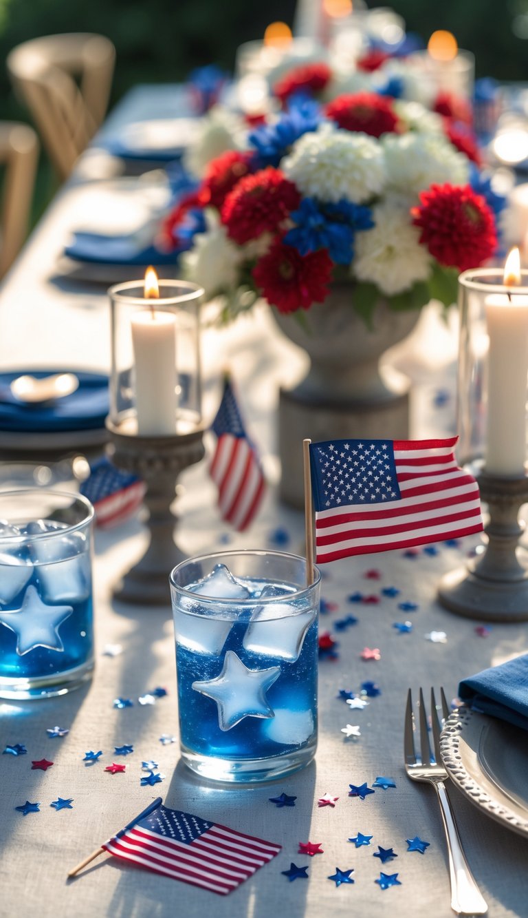 A fully set table with star-shaped ice cubes in drinks, floral centerpieces, candles, and patriotic decorations for a July 4th celebration.