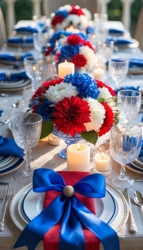 A formal dining table is set with blue, red, and white floral centerpieces, candles, and plates decorated with large blue bows, creating a patriotic theme.