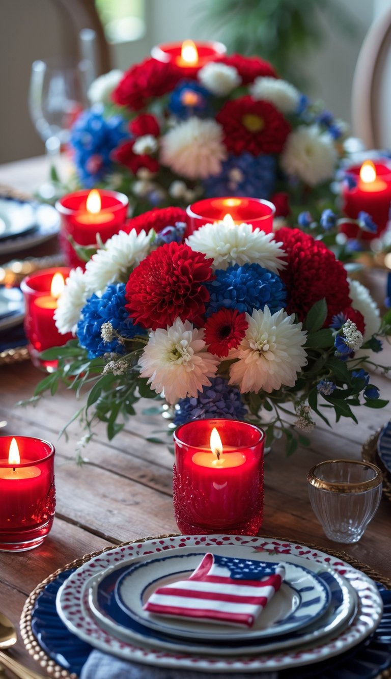A fully set table for a July 4th celebration with red glass votive candles, floral centerpieces, and patriotic decorations.