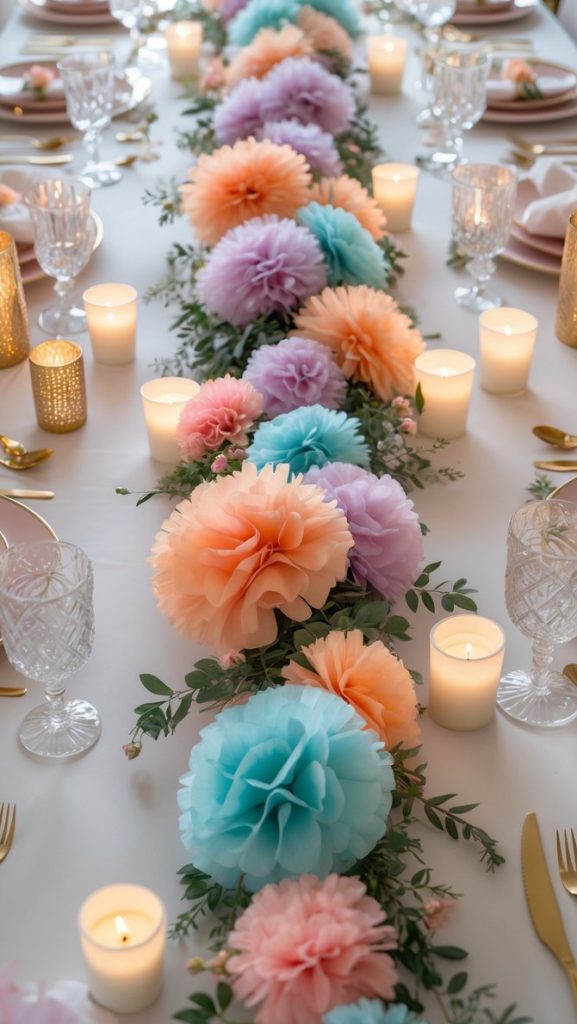 A formal dining table is decorated with pastel paper flowers, greenery, gold cutlery, crystal glasses, pink plates, and lit candles in glass holders.