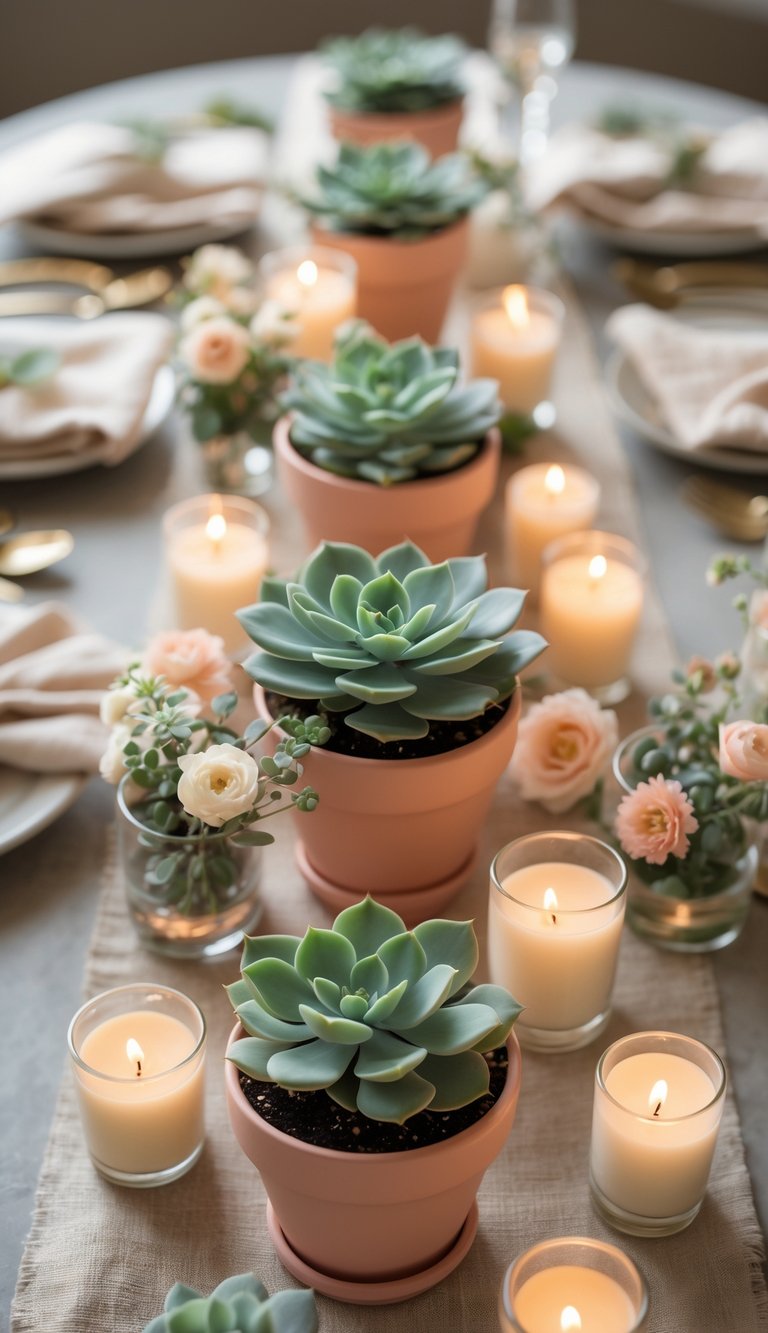 A long event table set with small succulent plants, candles, and flowers arranged evenly along its center.