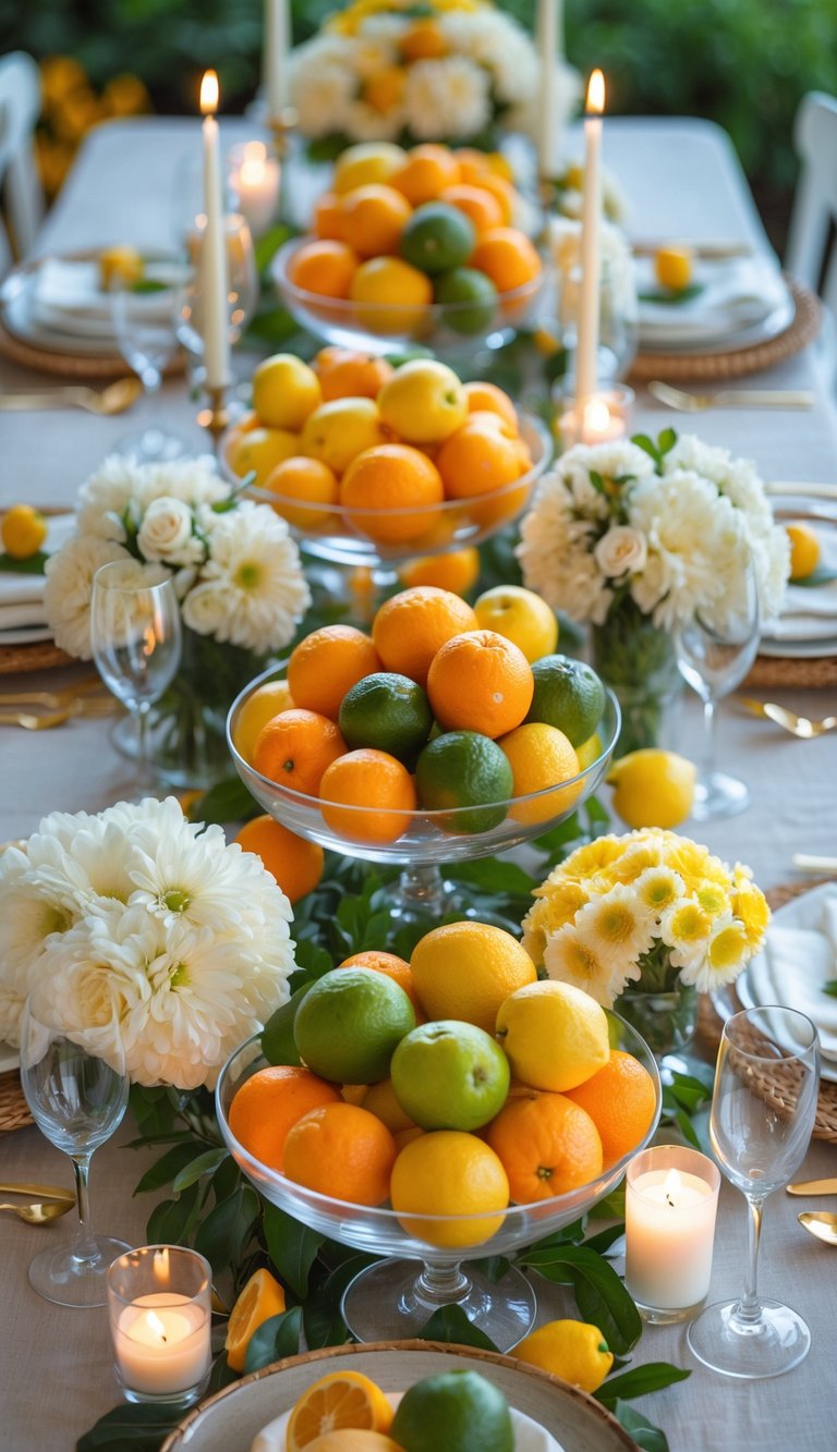 A table set with bowls of bright citrus fruits, floral centerpieces, and lit candles in a well-lit room.