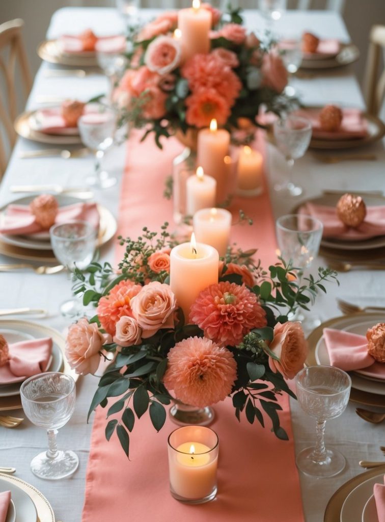 Elegant table set for a bachelorette party with peach flowers, candles, gold accents, and pink napkins arranged on a peach table runner. Text reads "Stylish Bachelorette Tablescape.