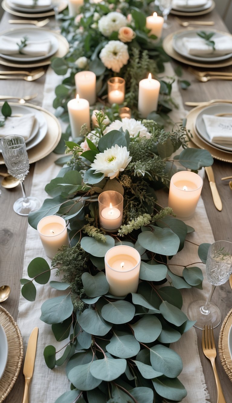 A beautifully arranged table with a eucalyptus runner, floral centerpieces, and lit candles, set for a festive gathering.
