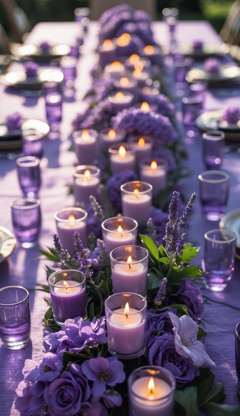 A full view of a purple-themed event table decorated with lit votive candles and purple flowers arranged as centerpieces.