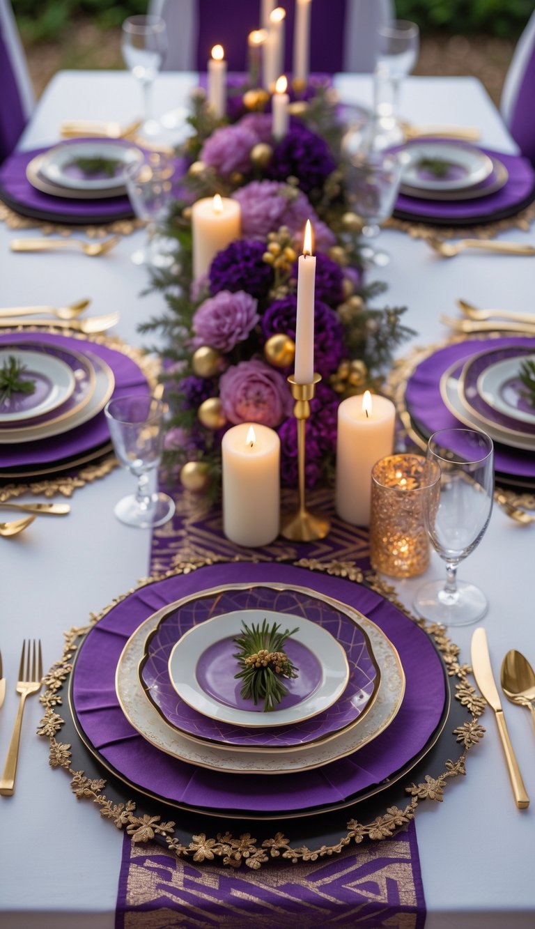 A decorated dining table with purple and gold placemats, candles, and floral centerpieces under natural light.