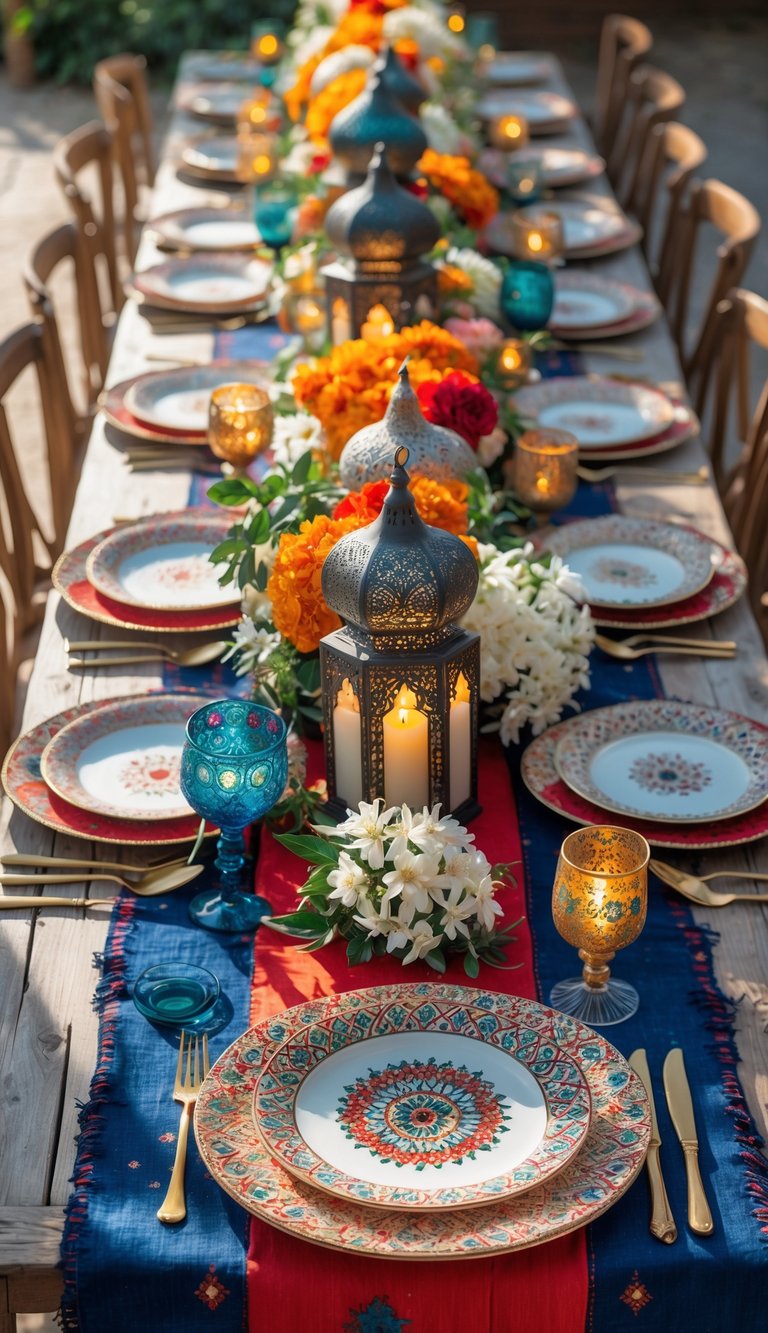 A full view of a Moroccan-themed dining table set with patterned tablecloths, lanterns, candles, fresh flowers, ceramic plates, brass cutlery, and colorful glassware, illuminated by natural light.