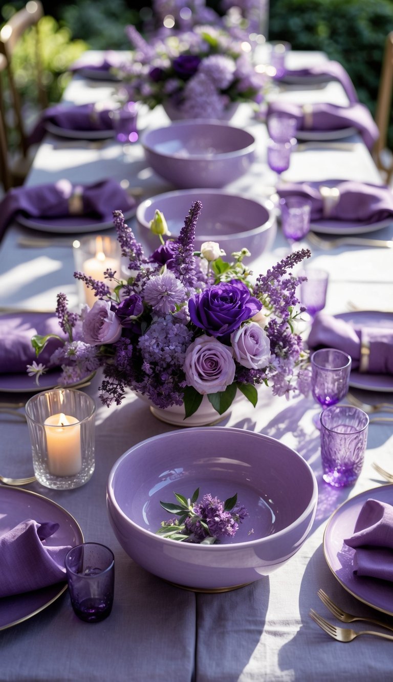 A full table set with lilac ceramic bowls, purple flowers, candles, and matching purple tableware arranged for a holiday event.