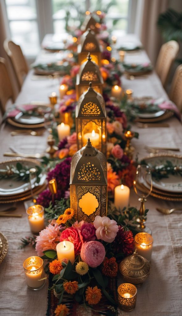 A long dining table is decorated with gold lanterns, lit candles, and colorful flowers, creating an elegant and festive atmosphere.