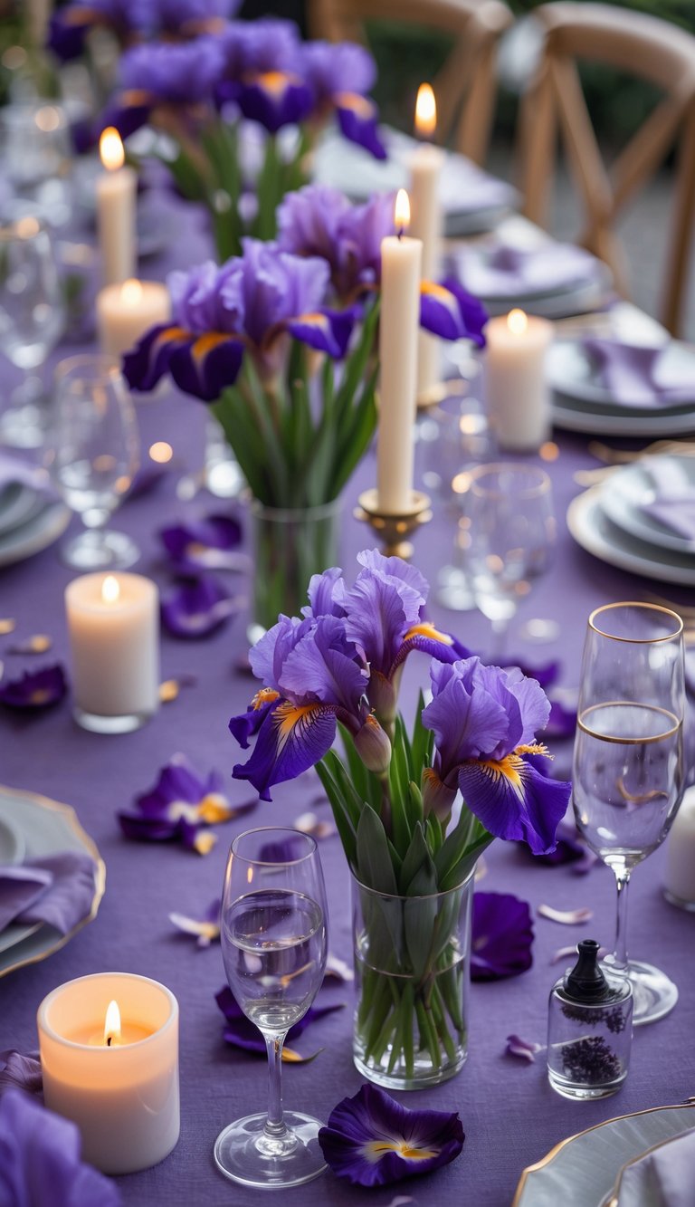 A fully set table with small vases of purple iris flowers and lit candles arranged as centerpieces.