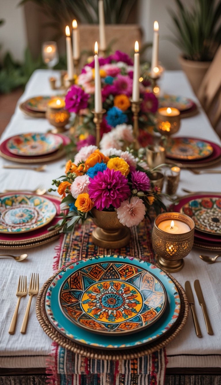 A beautifully arranged table set with colorful ceramic plates, floral centerpieces, and candles.