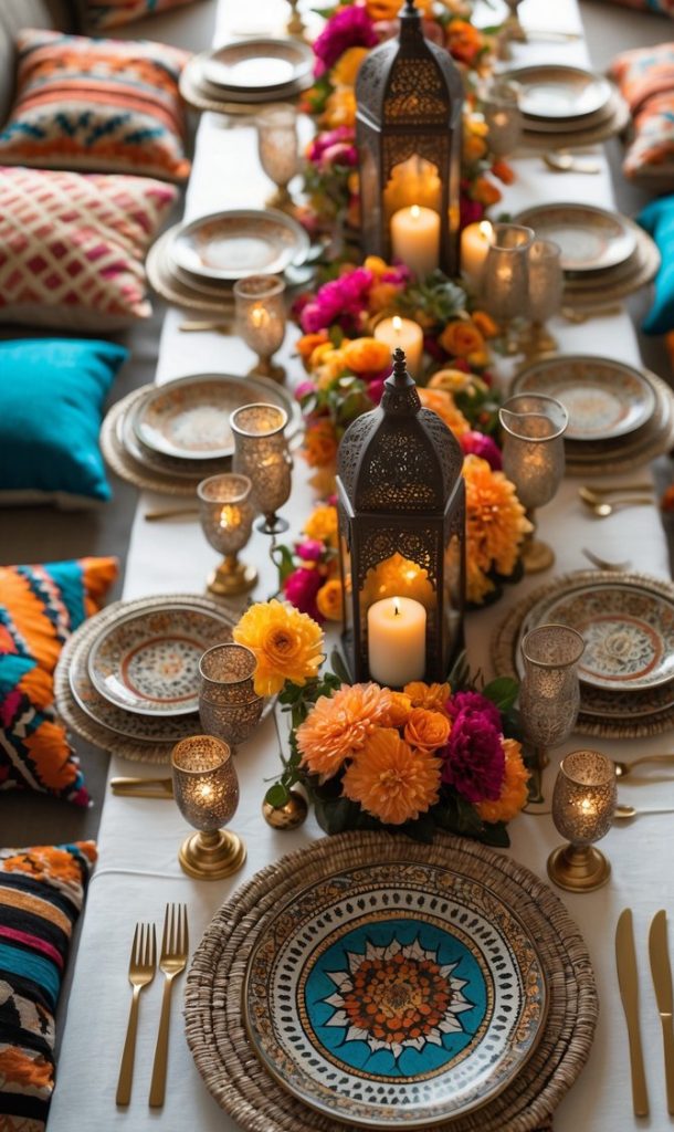 A long dining table is set with patterned plates, gold cutlery, candles, lanterns, and colorful floral arrangements. Cushions with geometric designs line the seating.