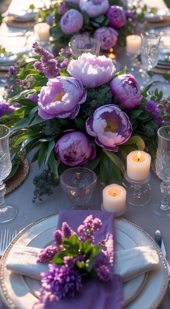 An outdoor table set with plates, glassware, candles, and purple floral centerpieces, featuring lilacs and peonies in natural light.