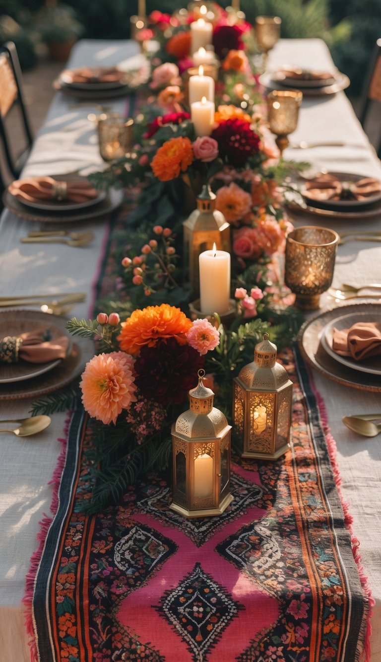 A table set with a colorful Moroccan textile as a tablecloth, decorated with candles, flowers, and elegant tableware under natural light.