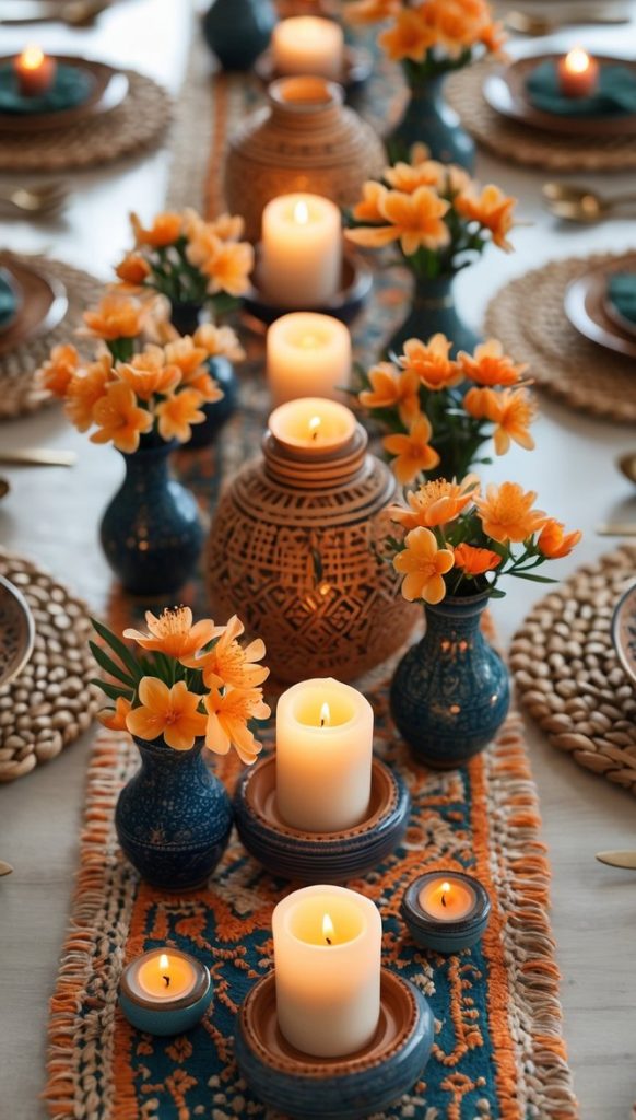 A table set with woven placemats, blue vases of orange flowers, and lit pillar candles arranged along an orange and blue patterned runner.