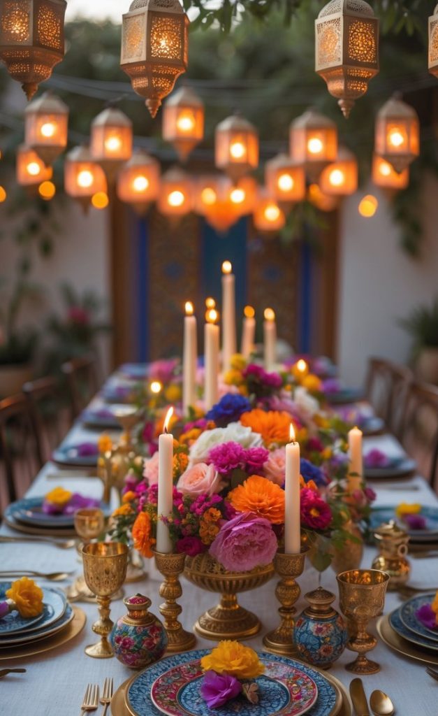 A long outdoor dining table is decorated with colorful flowers, lit candles, ornate plates, and gold cutlery, with hanging lanterns glowing overhead.