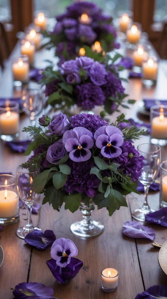 A wooden table set for a formal dinner with purple floral centerpieces, purple napkins, and lit candles in glass holders.