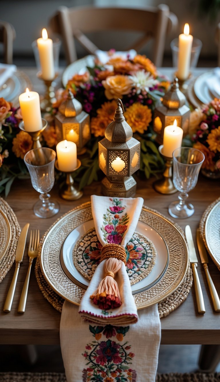 A fully set table with embroidered napkins tied with tassels, floral centerpieces, candles, and Moroccan-style decorative elements arranged for a festive gathering.